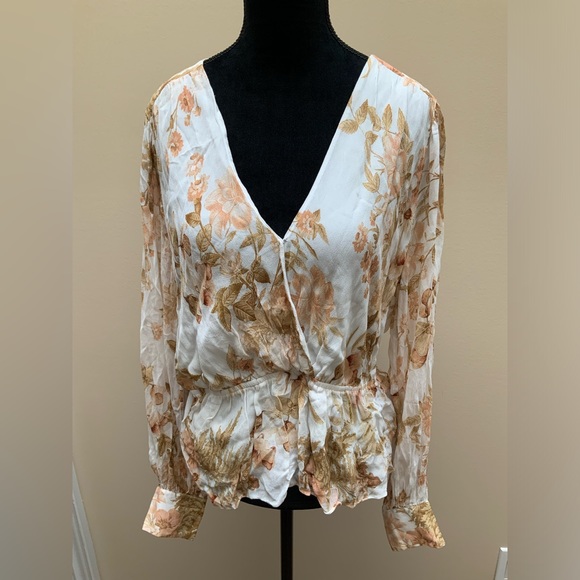 EVER NEW Fitted V-Neck Cross Over Floral Leaf Long Sleeve Blouse Women’s size 10 - Picture 3 of 13